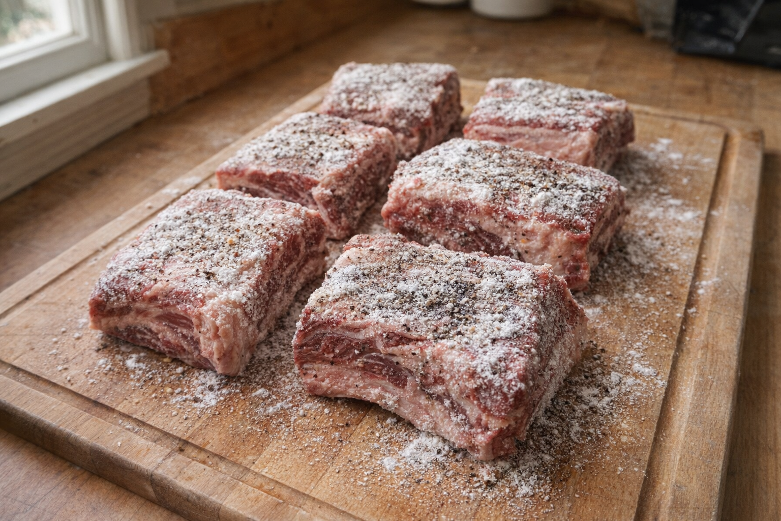 A high-angle shot of raw beef short ribs, seasoned with salt and pepper, lightly coated in flour, arranged on a wooden cutting board, natural daylight from a window
